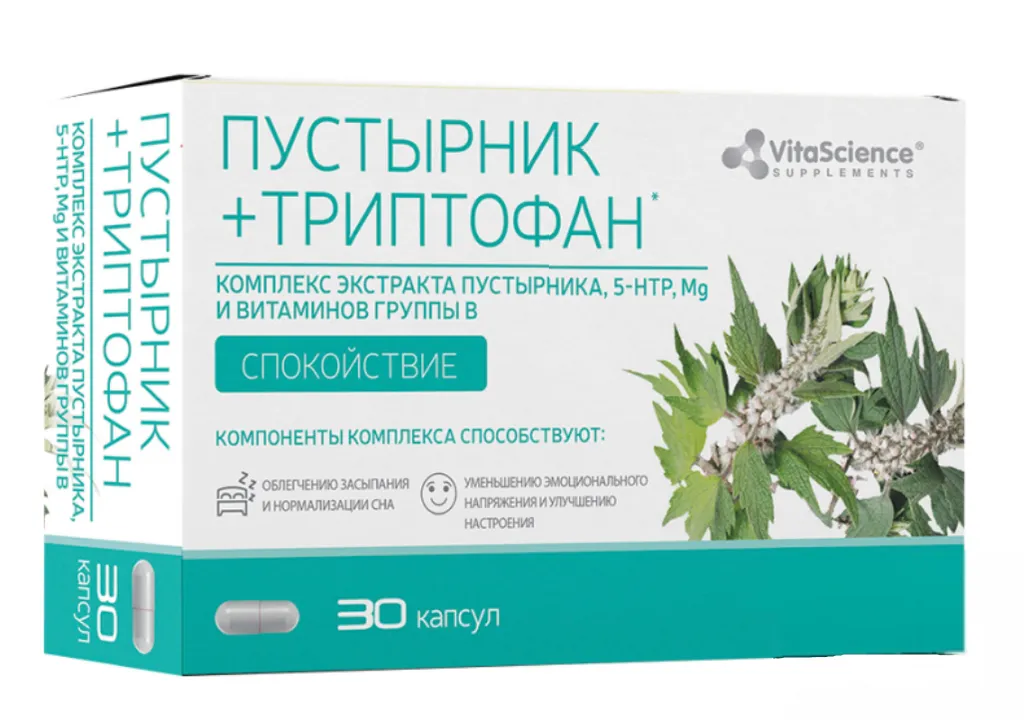 Vitascience Пустырник с триптофаном, Mg, витаминами группы В, капсулы, 30 шт.