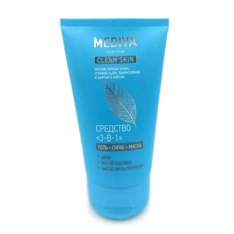 Mediva Clean Skin Средство 3в1 для лица, гель скраб маска, 150 мл, 1 шт.