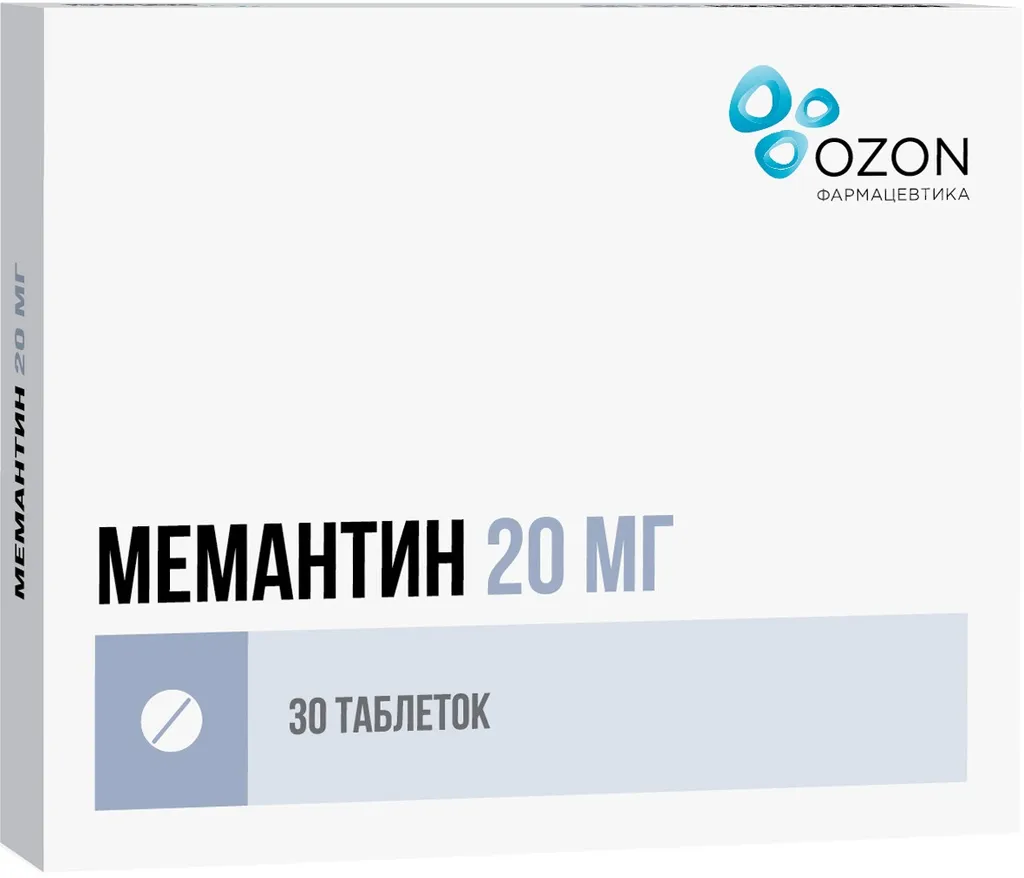 Мемантин, 20 мг, таблетки, покрытые пленочной оболочкой, 30 шт., Озон