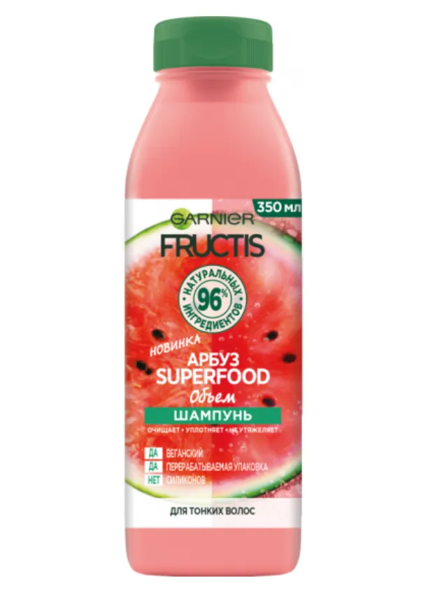 Garnier Fructis Шампунь Superfood Объем Арбуз, шампунь, для ослабленных и тонких волос, 350 мл, 1 шт.