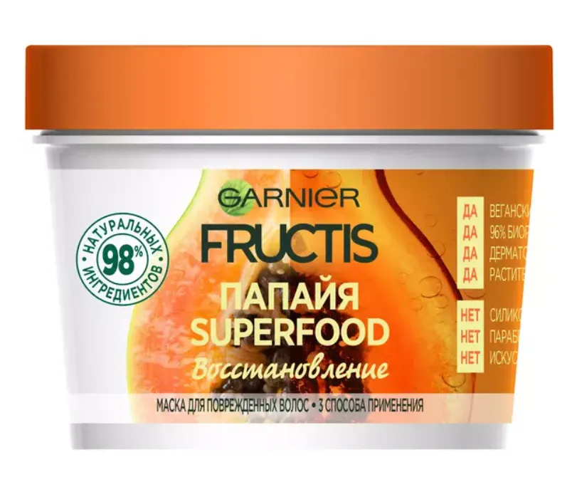 Garnier Fructis Маска Superfood Восстановление 3 в 1 Папайя, маска, для поврежденных волос, 390 мл, 1 шт.