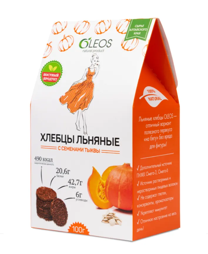 Oleos Хлебцы льняные , хлебцы, с семенами тыквы, 100 г, 1 шт.