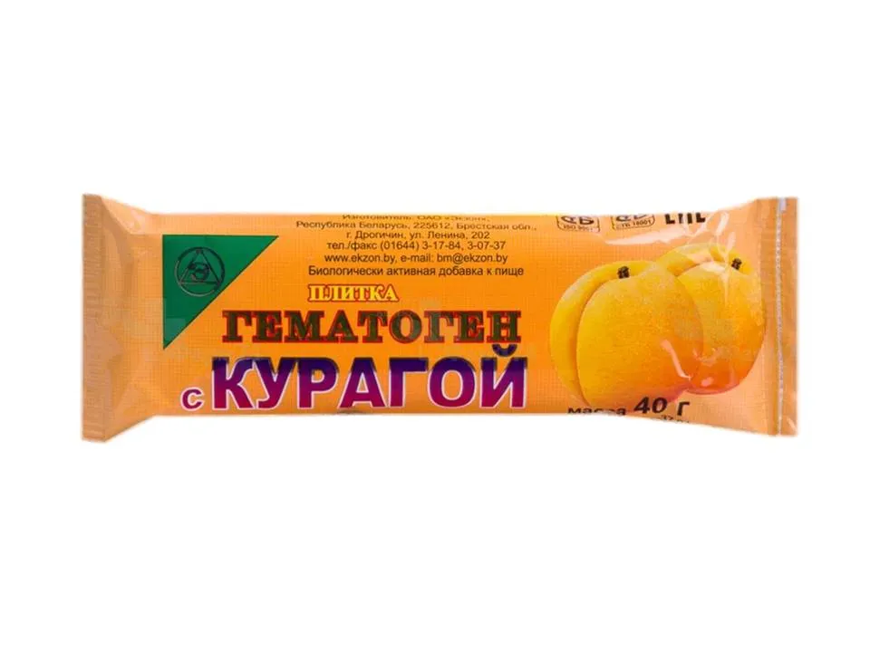 Гематоген с курагой, плитка, 40 г, 1 шт., Экзон