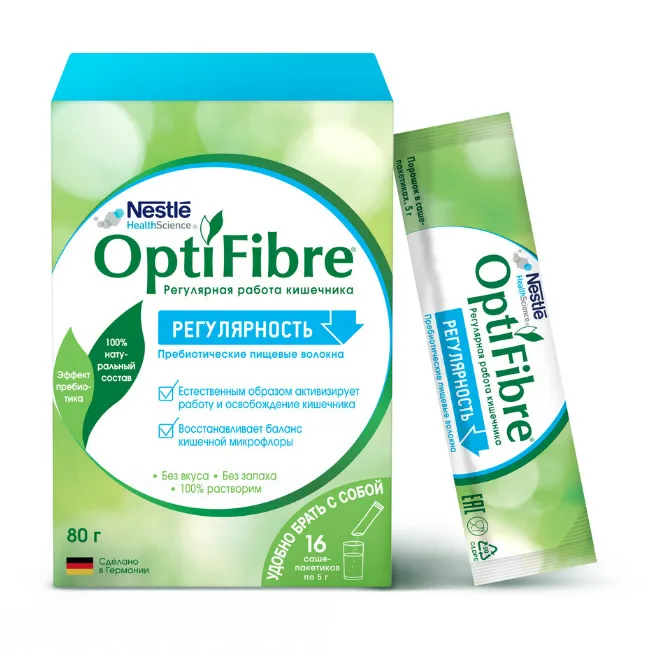 ОптиФайбер OptiFibre®, порошок, растворимые пищевые волокна для регулярной работы кишечника и баланса микрофлоры, 5 г, 16 шт.